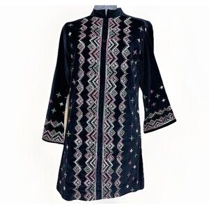 VTG 60s 70s Black Velvet Embroidered Boho Tunic Jacket Festival Hippie M